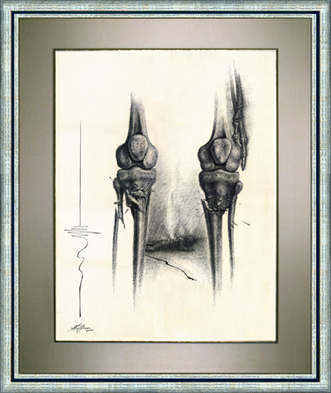 Mark Mulleian pen and ink drawing entiteled Crossroads depicting his own near fatal car accident in 1977.
