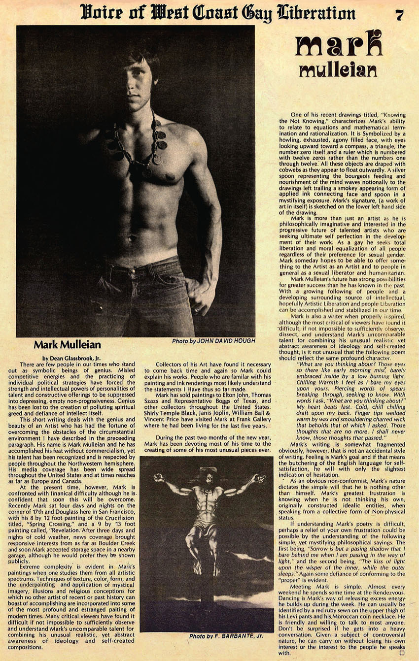  Artist and Gay activist Mark Mulleian helped pioneer the beginning of a movement in 1970.