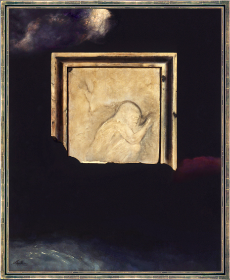 "Stone Effigy" speaks of an atomic world and of our destiny. Painting by Mark Mulleian. 